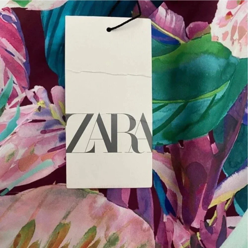 Zara Satin Effect Tropical Scarf Print Midi Dress